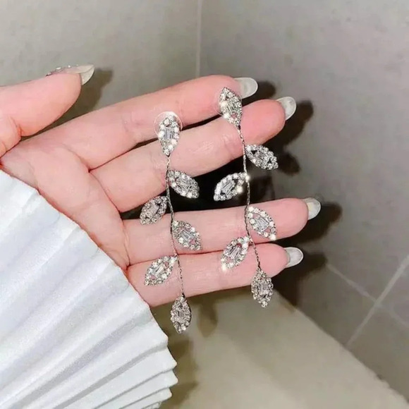 Diamond Leaf Petal Drop Statement Earrings - Picture 4 of 11